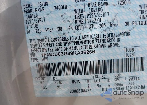 2009 Ford Escape Xlt from USA, damaged, VIN 1FMCU03G89KA36266